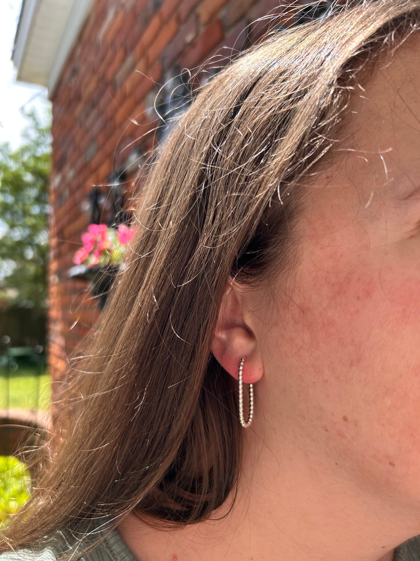 Beaded Oblong Hoops- Sterling Silver